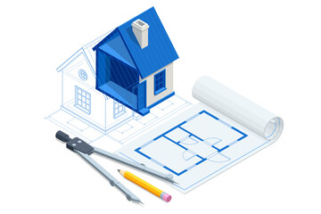 An isometric illustration of a modern detached house with blueprints, measuring tools, and a laptop, symbolizing architectural design, real estate, and home construction project