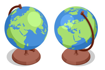 An isometric illustration of a classic desk globe on a stand, representing global communication, education, travel, geography, and world map concepts