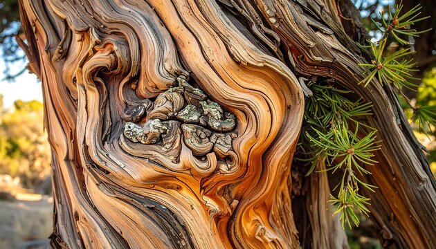 A close-up of a gnarled tree trunk with intriguing textures and a knotty burl, accentuated by soft, warm sunlight