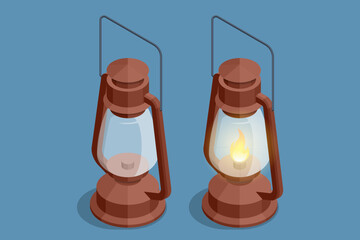An isometric illustration of a classic kerosene lamp, symbolizing a source of light, rustic life, vintage illumination, and outdoor camping equipment