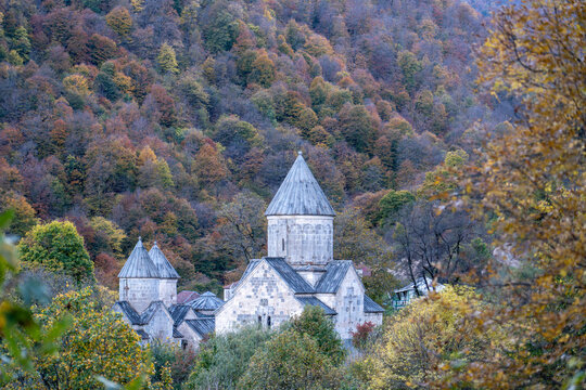 Serene View of Haghartsin Monastery in a Tree-Covered Landscape