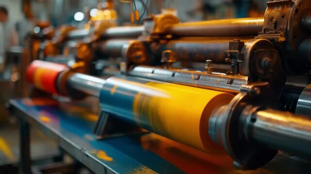 Bright rolls of material rotate on a factory conveyor belt, demonstrating the dynamics of industrial production, which is ideal for creating an atmospheric backdrop in presentations about technology a