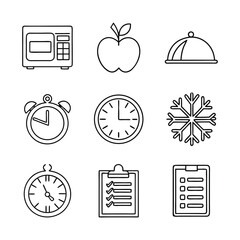 Outline icons for food, time, weather, and business concepts