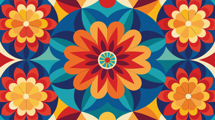 Vibrant retro floral pattern with colorful geometric abstract shapes