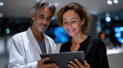 In a bright space, two professionals, one in a lab coat, collaborate over a tablet, showcasing teamwork and a shared commitment to progress and innovation in their field.