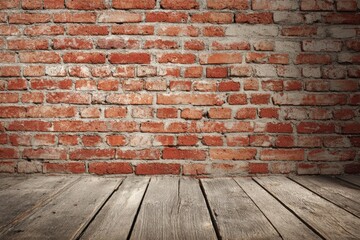 weathered old red brick wall with gray mortar and wooden floor texture, showcasing age, stains, and color variations, creating a rustic atmosphere and enhancing the depth and dimension of your project