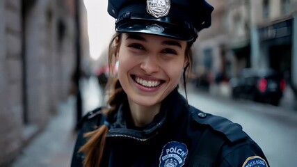 A closeup of a female police officer on a city street. She is wearing a blue uniform with a badge on the left side of her chest.