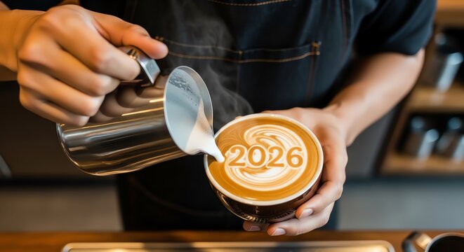 Barista pouring latte art with 2026 design - Powered by Adobe