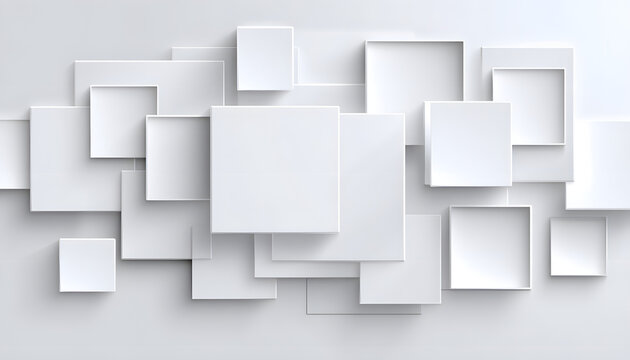create a 3d illustration with a white background featuring square elements, place a subject on the left side and allocate ample copy space on the right for potential text