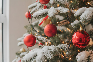 Close-Up of Red Christmas Ornaments on Snowy Tree Branches