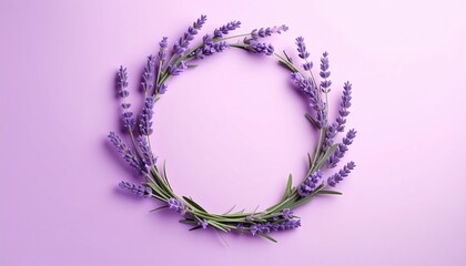 Lavender floral wreath arranged on soft pastel pink background representing calmness, minimalism, and natural beauty for wellness or seasonal design concepts