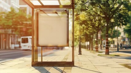 Sunlight illuminates an empty advertising structure on a busy street, creating the perfect backdrop for urban marketing campaigns and social projects.
