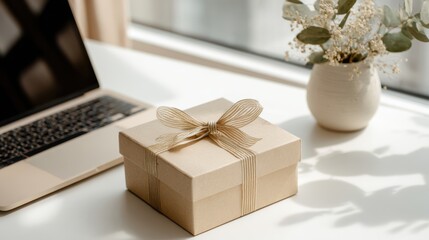 Gift box with ribbon and laptop on a white table near a window