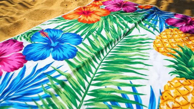 Tropical beach towel on sand, hibiscus flowers and pineapple design.