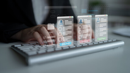 Digital interface displaying project tasks under Work Items, Processing, and Completed categories with Gantt chart timeline visualization Parse