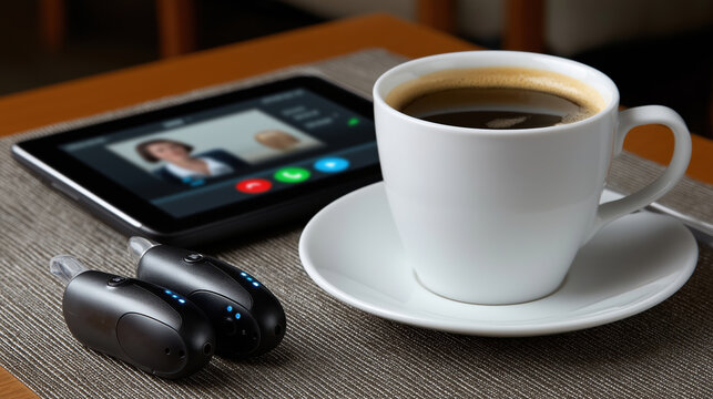 Coffee and technology on a work desk during a video call
