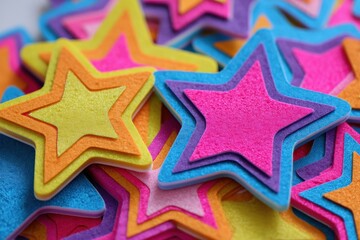 Colorful soft stars in various shapes and sizes stacked together, perfect for crafting, children's activities, or decorative purposes, capturing creativity and joy in vibrant hues