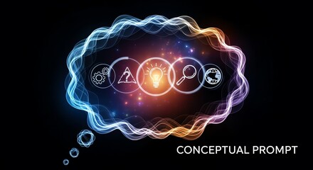 Conceptual thought process with icons and glowing waves