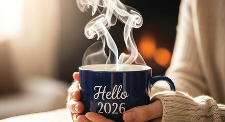 Coffee cup with steam and Hello 2026 text