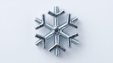 Creative snowflake design made from metal bolts and screws on a white background