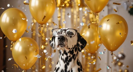 Dalmatian dog wearing glasses surrounded by balloons