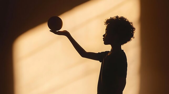 Silhouette of a child holding a ball isolated on white background