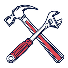 Crossed hammer and adjustable wrench tools