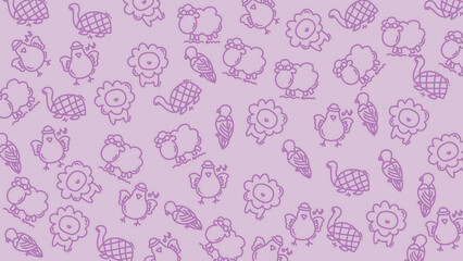 Seamless cute animal pattern with purple outline on pastel pink background