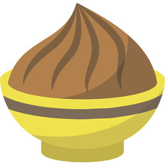 Simple illustration of a brown swirl dessert in a yellow bowl with brown stripes on a transparent background