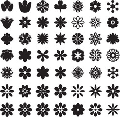 Black and White Flower Silhouette Set,
Floral Vector Icons Collection,
Decorative Blossom Pattern Design