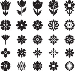 Black and White Flower Silhouette Set,
Floral Vector Icons Collection,
Decorative Blossom Pattern Design