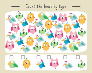 Math game for children with cute cartoon birds, Logical activities for kids, Count the number of birds. Vector illustration.