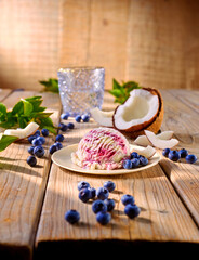  Eiskugel Heidelbeere Kokos mit Heidelbeeren und Kokosnuesse auf rustikalem Holzfond, Eiscreme, Früchte, lecker, 