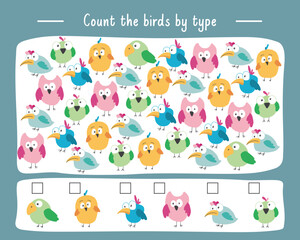 Math game for children with cute cartoon birds, Logical activities for kids, Count the number of birds. Vector illustration.