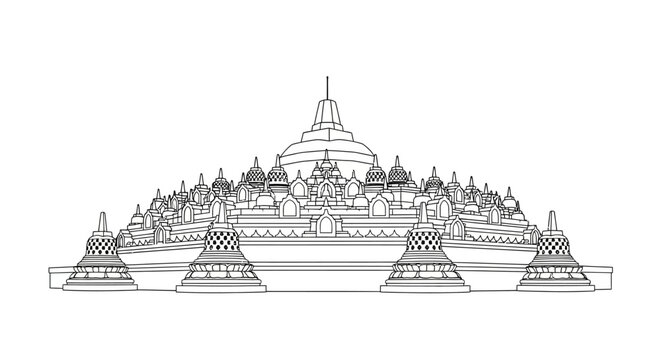 Monochrome Sketch of Borobudur Temple, Detailed Architectural Outlines and Contours for Coloring