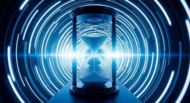 Hourglass in a futuristic blue tunnel