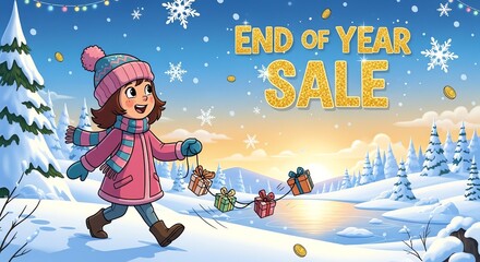 Girl walking with gifts in snowy winter landscape