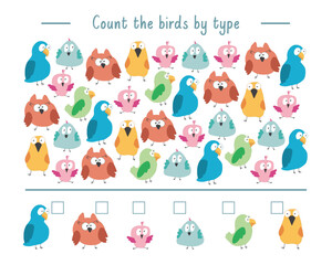 Math game for children with cute cartoon birds, Logical activities for kids, Count the number of birds. Vector illustration.