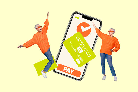 Full 3d magazine picture sketch collage image of two happy girl guy stand phone checkmark approval payment credit card discount