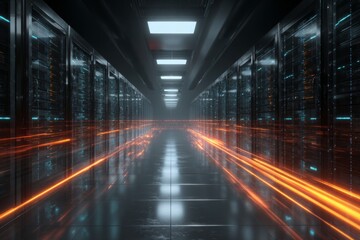 Fototapeta premium Futuristic Data Center with Glowing Server Racks and Digital Light Trails in a High-Tech Environment