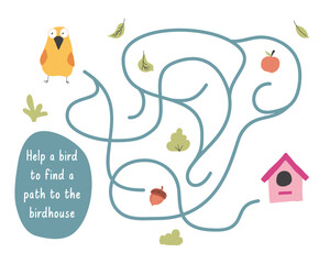 Labyrinth, Maze game for children. Logical puzzle for kids. Quest to find the right path for a bird to the birdhouse. Vector illustration