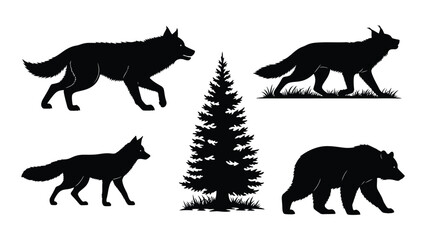 Forest wildlife silhouettes isolated on white background, Vector