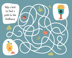 Fototapeta premium Labyrinth, Maze game for children. Logical puzzle for kids. Quest to find the right path for a bird to the birdhouse. Vector illustration
