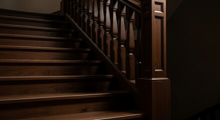 Elegant dark wooden staircase interior with minimalist architectural style