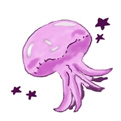 A cute and dreamy illustration of a pink jellyfish floating gracefully in the ocean. This hand-drawn digital artwork combines soft pastel shades and whimsical details, creating a playful and magical.