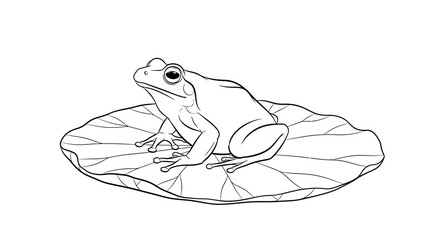 Elegant line art illustration of a serene frog perched on a detailed lily pad outline © Anisah