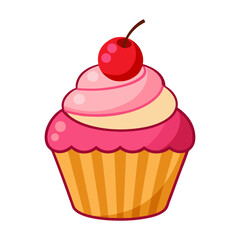 Cupcake with cherry isolated on white background, sweet dessert illustration and celebration vector design
