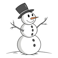 A cheerful snowman wearing a top hat and holding stick arms
