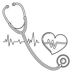 Medical stethoscope heartbeat and heart symbol line art