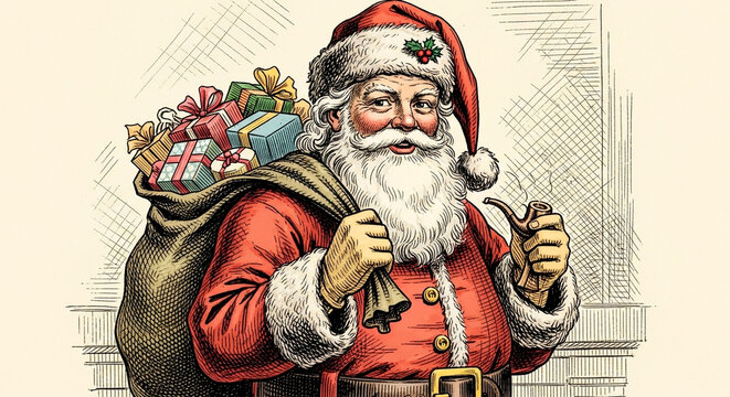 Traditional Santa Claus with gifts bag and pipe